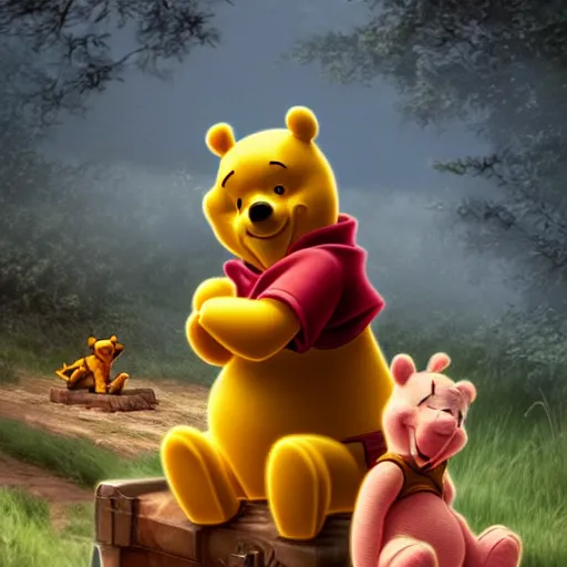 Prompt: winnie the pooh sitting down on road blocking chinese tanks, detailed defiant face, soldiers approaching, award winning photography, extremely detailed, artstation, 8 k, dramatic lighting, incredible art, wlop, artgerm