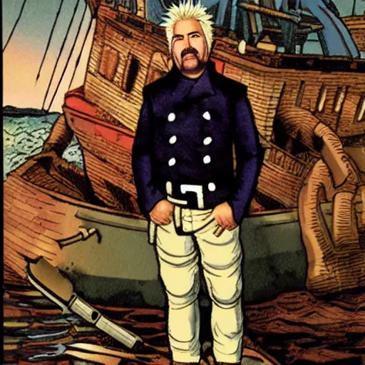 Prompt: guy fieri as a shipwreck survivor, revolutionary war color print