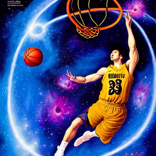 Image similar to cosmic basketball player dunking a basketball hoop in a nebula, an oil painting, by ( leonardo da vinci ) and greg rutkowski and rafal olbinski and ross tran, award - winning magazine cover