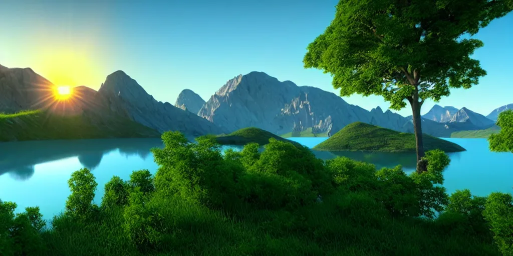 Prompt: a beautiful landscape, sun rises between two mountains, a lake in between the mountains, green, lush vegetation, blue sky, cloudy, 3 d artwork by john stephans, unreal engine 5, extremely detailed, hyper realism