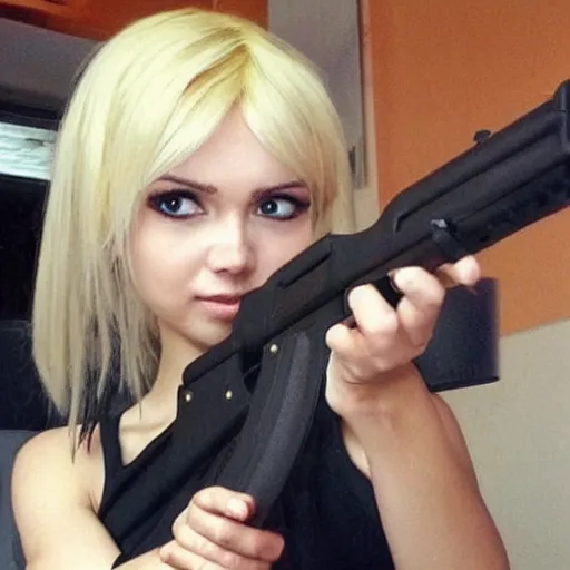 Prompt: ak-47 with a full head of human blonde hair, cute, adorable, waifu