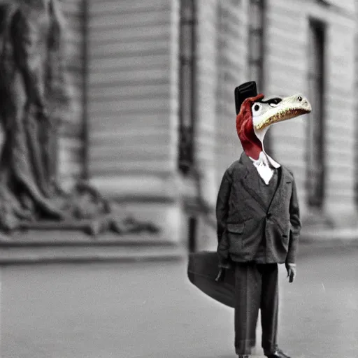 Image similar to a real photo by saul leiter of a small anthropomorphic dinosaur wearing a suit and standing in paris while holding a baguette