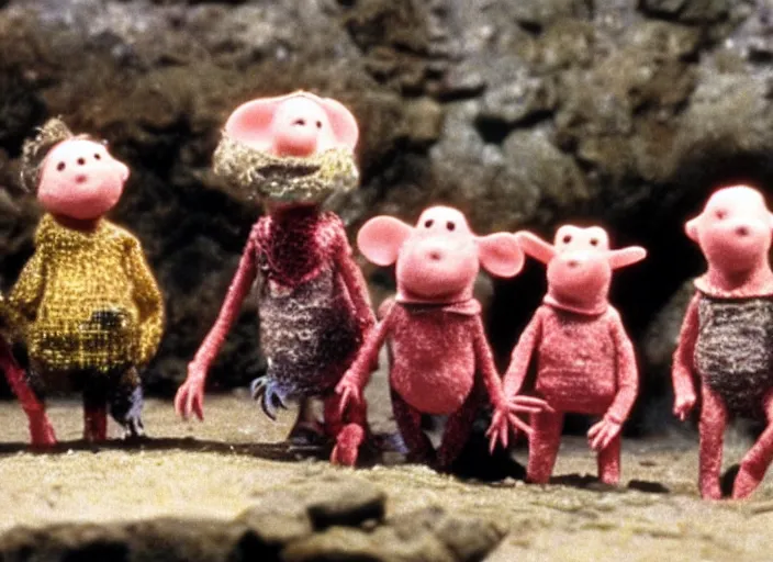 Image similar to a scene from a 1 9 8 0 s british kids tv programme by the bbc and oliver postgate, stop motion animation, the clangers, vhs distortion, folk horror