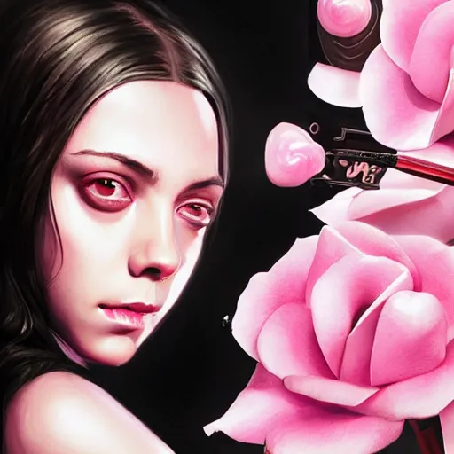 Image similar to black snake moan, breakfast club, pink petals with a a bored aubrey plaza and christina ricci mixed with mona lisa, intricate, elegant, highly detailed, wonderful eyes, sweet, digital painting, artstation, concept art, smooth, sharp focus, illustration, art by artgerm and greg rutkowski and concept art, rectilinear vaporwave