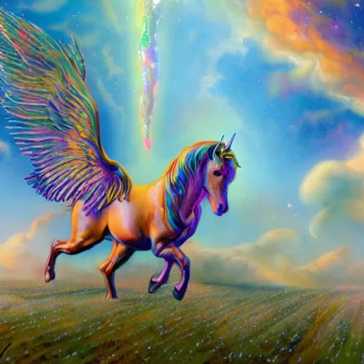Image similar to an iridescent unicorn with translucent wings eating in a field of marijuana, nebulas is in the sky, oil painting by boris vallejo, concept art, highly detailed, high quality, 8 k,