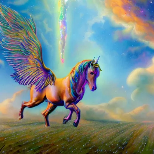 an iridescent unicorn with translucent wings eating in | Stable ...