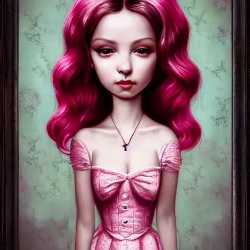 Image similar to a portrait of a beautiful woman with pink hair by mark ryden insanely quality, elegant, highly detailed, digital painting, artstation, concept art, pop, smooth, sharp focus, illustration, art by mark ryden and lisa frank 3 d 8 k ultra detailed