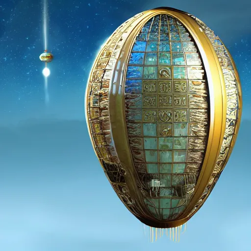 Prompt: enormous flying city in a faberge egg, sky, steampunk, fantasy art, masterpiece