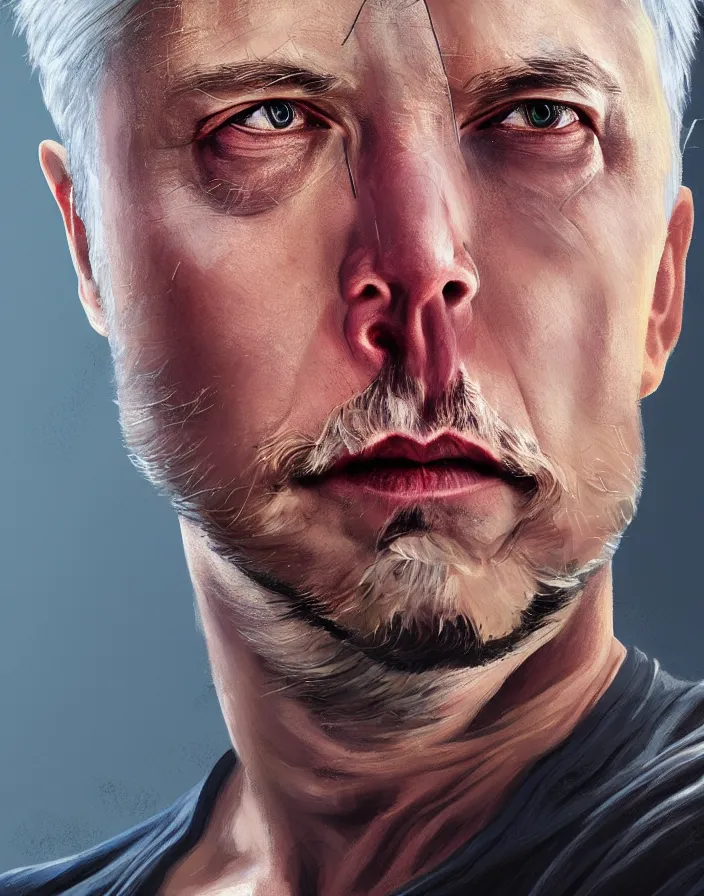 Image similar to painted portrait of rugged elon musk, asymmetrical, god of thunder, greek god, white hair, masculine, mature, handsome, upper body, muscular, hairy torso, fantasy, intricate, elegant, highly detailed, digital painting, artstation, concept art, smooth, sharp focus, illustration, art by steven zabata