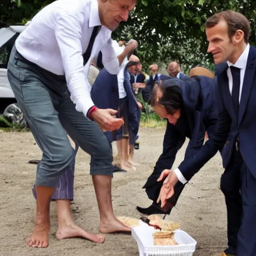 Prompt: barefoot macron, giving food to poor people, barefoot, french president, press photography