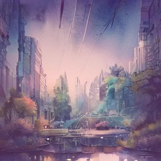 Image similar to Beautiful happy picturesque charming sci-fi city in harmony with nature. Beautiful light. Water and plants. Nice colour scheme, soft warm colour. Beautiful detailed watercolor by Lurid. (2022)