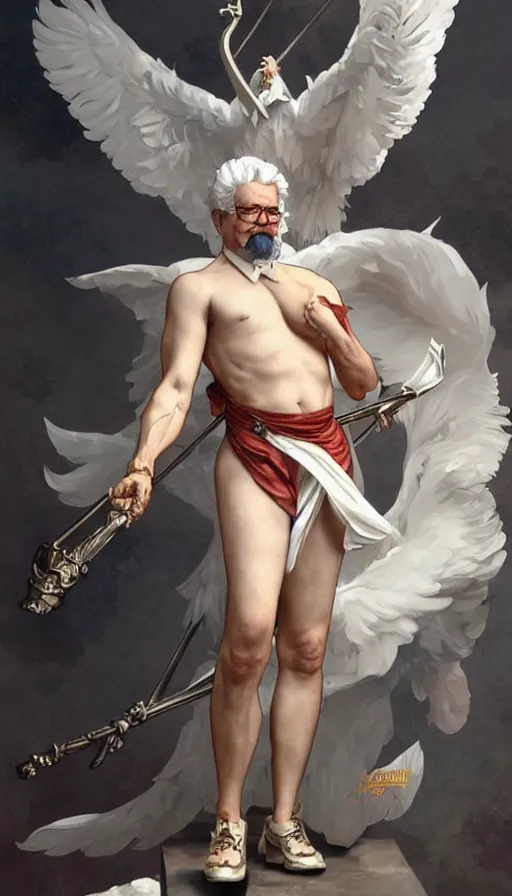 Image similar to a full body portrait of colonel sanders the greek god!! extremely beautiful, anatomically accurate, by artgerm and by greg rutkowski and by alphonse mucha and by simon bisley, radiant light, detailed and intricate environment,