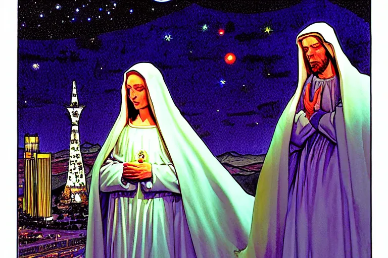 Image similar to a hyperrealist watercolour character concept art portrait of the blessed virgin mary protecting the city from an alien invasion on well lit starry night in las vegas, nevada. neon lights. there is a man in black. by rebecca guay, michael kaluta, charles vess and jean moebius giraud