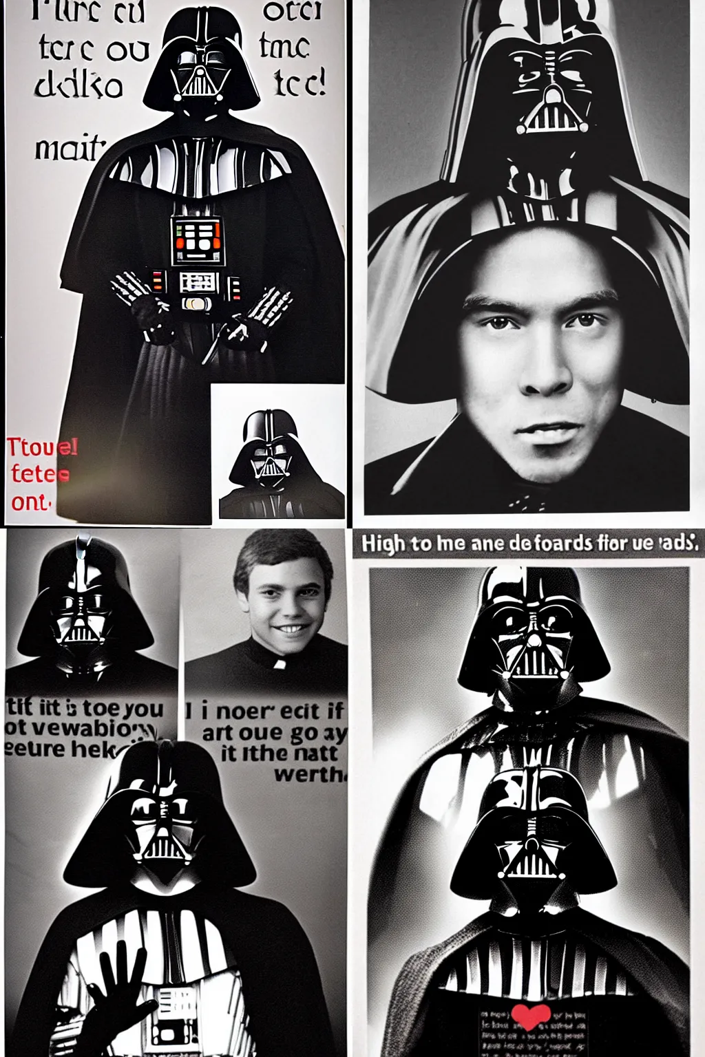 Prompt: high school yearbook photo of Darth Vader with a cringey quote underneath him