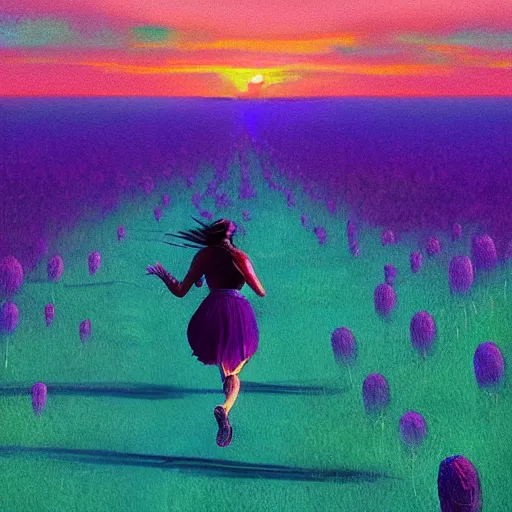 Image similar to portrait, giant purple dahlia flower head, woman running at orange beach, surreal photography, sunrise, blue sky, dramatic light, impressionist painting, digital painting, artstation, simon stalenhag