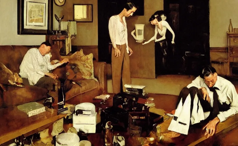 Prompt: a thin man cowers in a corner whilst his wife stands on a coffee table in a dark living room, painted by phil hale and rick berry and norman rockwell and dean cornwell and tom lowell, highly detailed