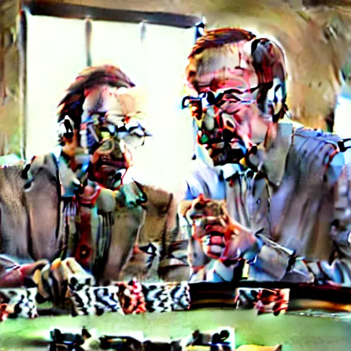 Image similar to saul goodman and walter white playing poker, ultra realistic, cinematic