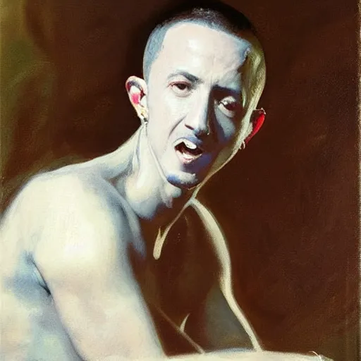 Prompt: portrait of chester bennington by john singer sargent, in a white tank top singing, high detail, ultra realistic