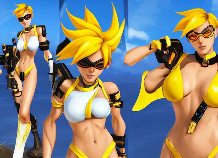 Image similar to tracer game character, in yellow bikini, blonde hair, black eyes, full height