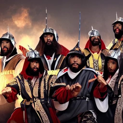 Image similar to The Wu-Tang Clan as medieval knights and warriors, photoreal, octane render
