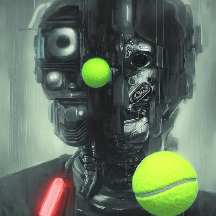 Image similar to cinematic portrait of a cute tennis ball monster, cyberpunk, bladerunner, chalk, masterpiece, trending on artstation, featured on pixiv, cinematic composition, dramatic pose, beautiful lighting, sharp details, hyper - detailed, hd, hdr, 4 k, 8 k, art by basil gogos