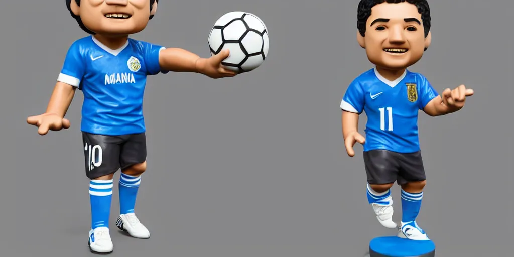 Image similar to funko of young thing maradona with big head, argentina t - shirt, smile, no beard, stand with a ball under his left foot, max resolution, high contrast, cinematic, light cinematic, volumetric, realistic, cinematic lighting, octane render, hyper realistic