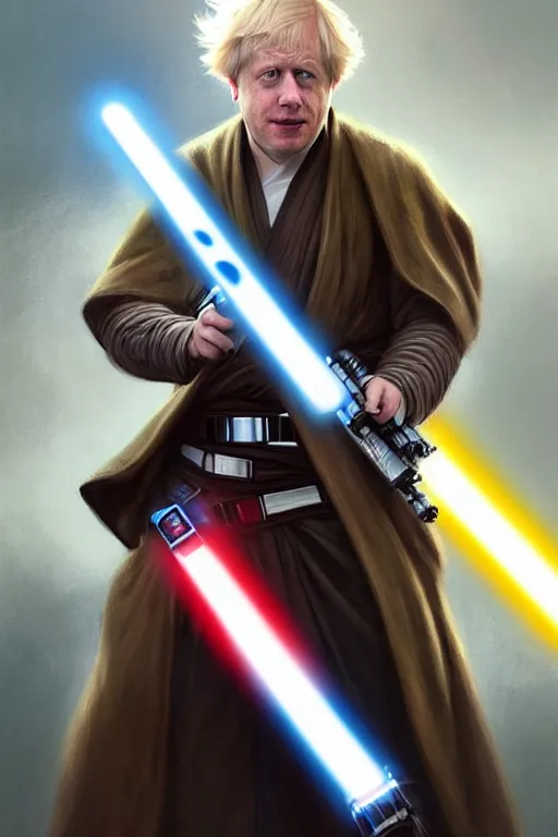 Image similar to Boris Johnson as a Jedi from Star Wars, Union Jack light saber, realistic portrait, symmetrical, highly detailed, digital painting, artstation, concept art, smooth, sharp focus, illustration, cinematic lighting, art by artgerm and greg rutkowski and alphonse mucha