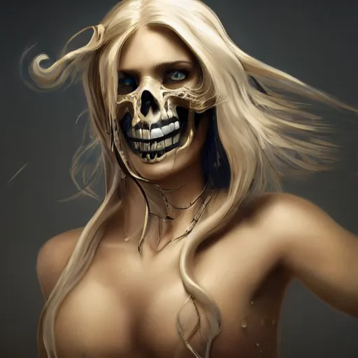 Image similar to epic portrait an woman with a skull face, wet flowing hair, shiny skin, illustration, unreal engine 5, 8 k, made by j. c. leyendecker