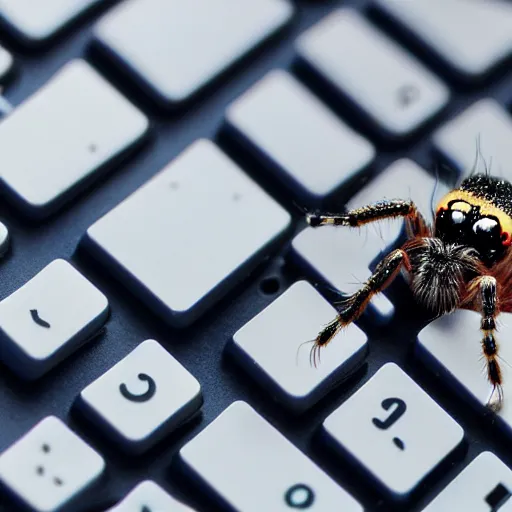 Image similar to a jumping spider using tiny computer keyboard tiny, by pixar, macro lens, iridescent, photomontage