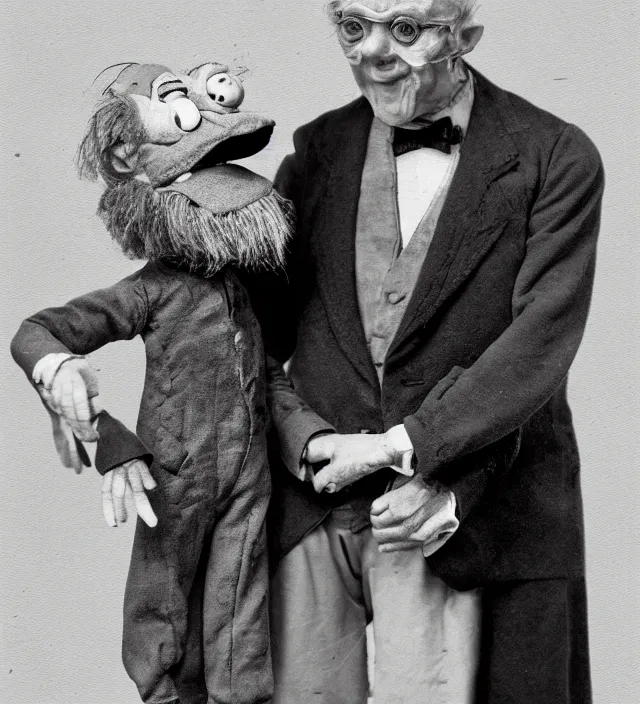 Prompt: hyper realistic old photography of lunatic mad ventriloquist old man with terrific haunted puppet
