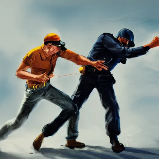 Image similar to hunter s thompson fighting a cop, concept art, 4 k,