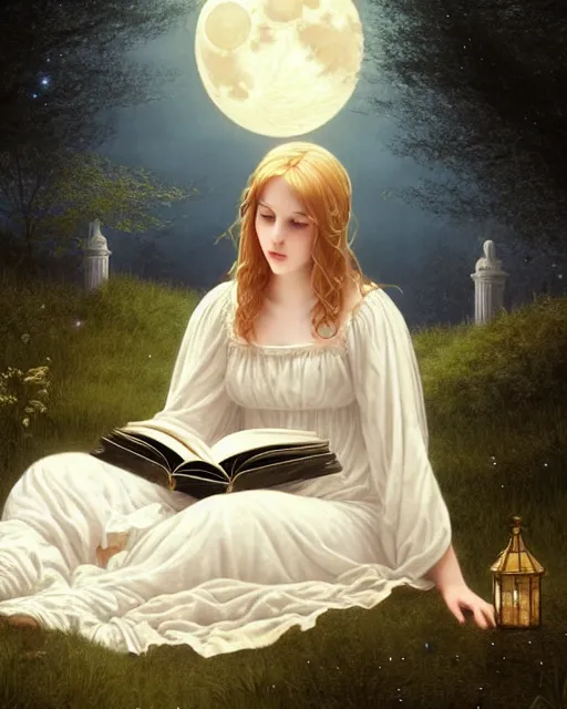 Image similar to girl in white nightgown reading a book by the river, a full moon on the horizon, dark starry sky, dreamy fantasy ambience with golden orbs and fireflies, detailed gothic illustration bright moon light, by edmund blair leighton, brom, charlie bowater, trending on artstation, faces by tom bagshaw, otto schmidt