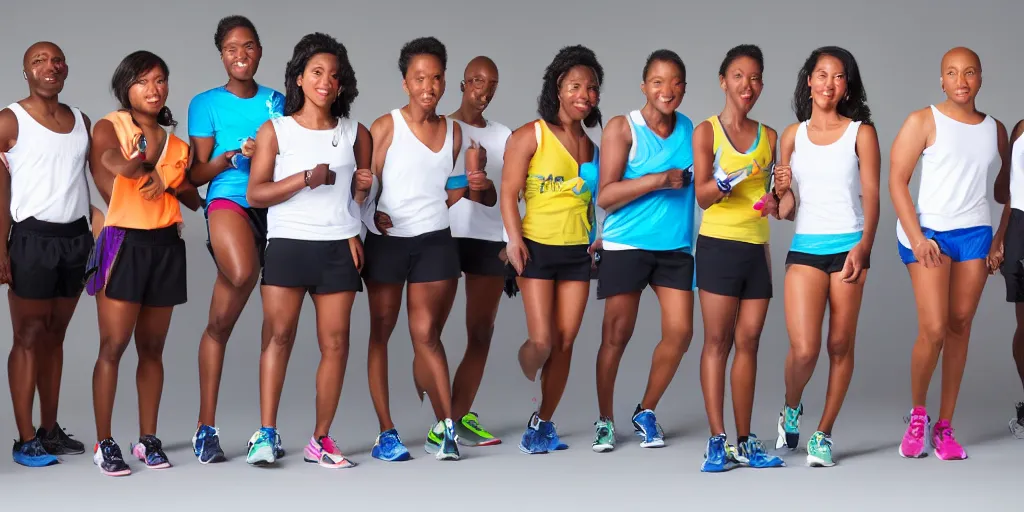 Image similar to Studio Photograph of starting line of many diverse marathon runners. multiple skintones. Frontal. Shot on 30mm Lens. Advertising Campaign. Wide shot. Fashion Studio lighting. White background.