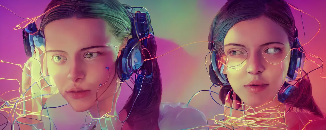 Image similar to A young woman with wires coming out of her head connecting to a computer, 4k wallpaper, digital art, deep colors, heavenly lighting, realistic reflections, light refraction, trending on arstation, by Victoria Rose, by Josan Gonzalez, by Juan Osorio