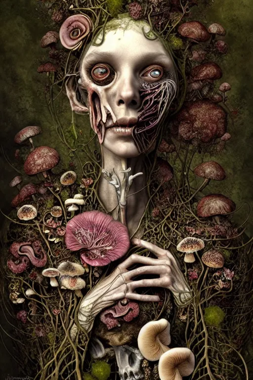 Image similar to sad and detailed rotten woman corpse with fractal plants and fractal flowers and mushrooms growing around, face muscles, veins, arteries, intricate, ornate, surreal, ray caesar, john constable, guy denning, dan hillier