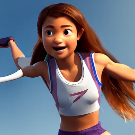 Image similar to young beautiful athletic Filipino woman with long hair posing, depicted as a Pixar character, high quality cg render, 4k