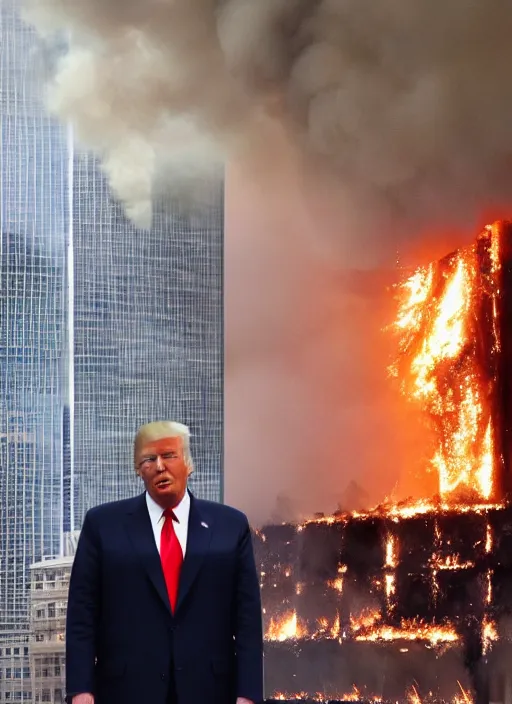 Image similar to a beautiful photo of donald trump being unfazed by the fact that the trump tower is burning, intricate details, photography, volumetric light, 8 k