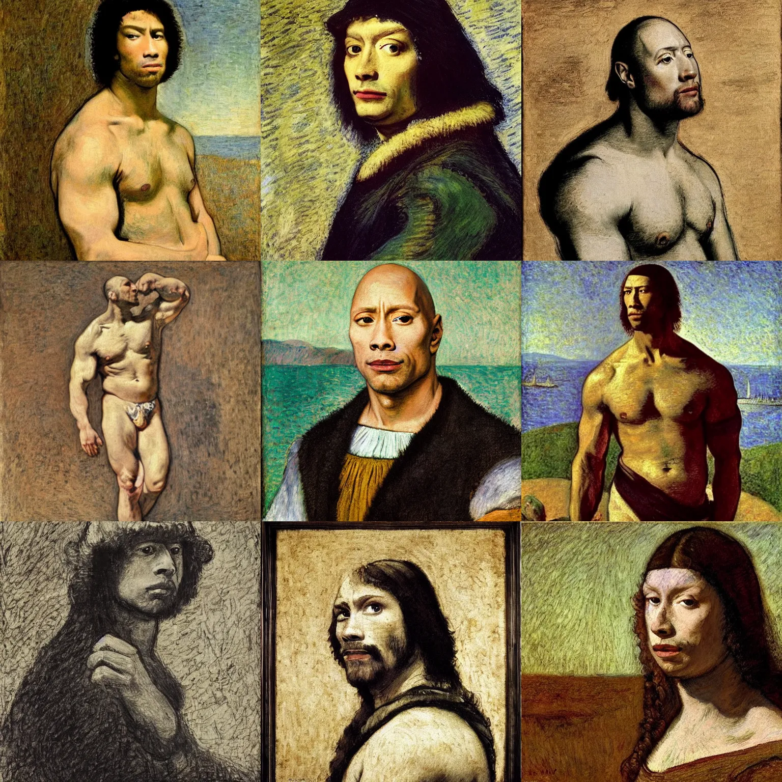 Prompt: dwayne the rock johnson by Leonardo da Vinci by Vermeer by Rembrandt by Jean-Antoine Watteau by Eugene Delacroix by Claude Monet by Georges Seurat by Vincent van Gogh by Edvard Munch