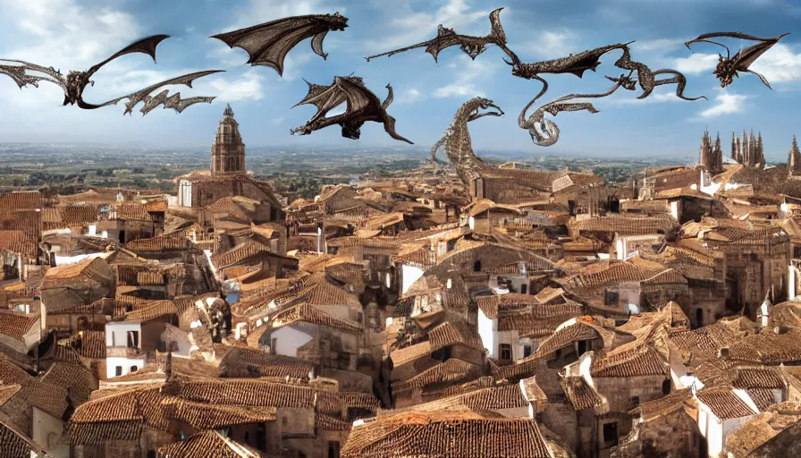 Image similar to the monumental city of caceres with dragons flying over it, digital art, trending on artstation