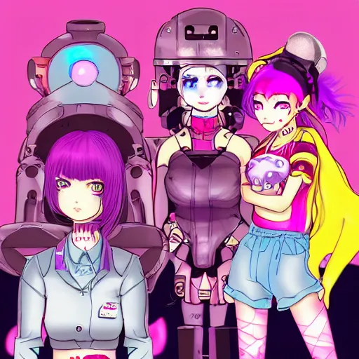 Prompt: vaporwave, emogirl, catgirl, pig, Eva, robots from Eva