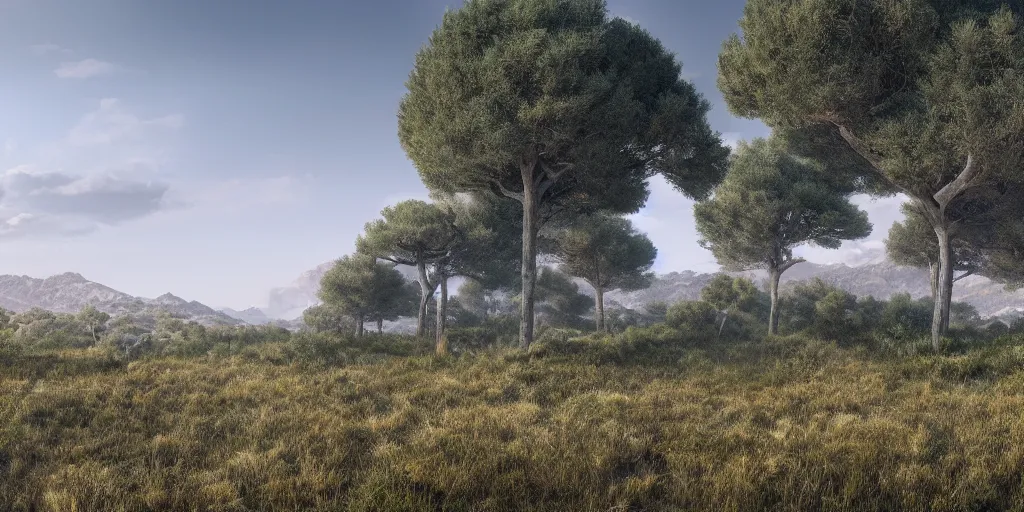 Prompt: a low open scrubland with many evergreen shrubs, low trees, aromatic herbs, and bunchgrasses found in poor or dry soil in the mediterranean region, matte painting, concept art, 4 k