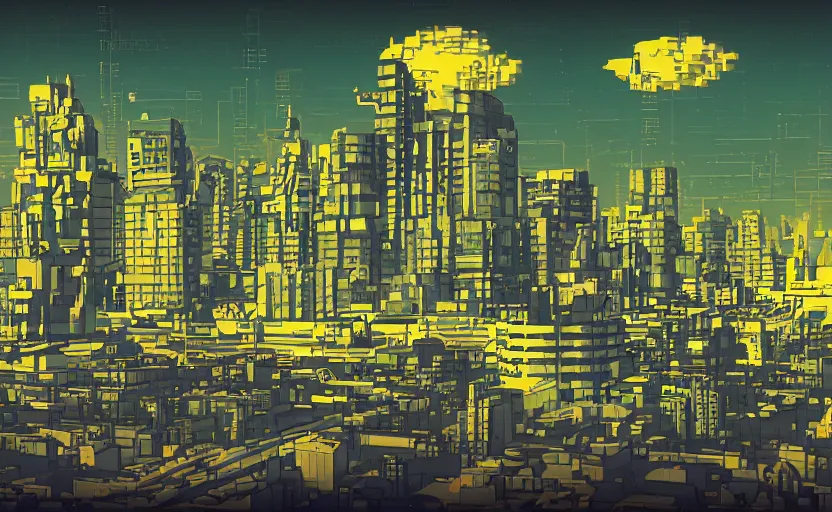 Prompt: sci-fi city with distorted clouds, 8 bits graphics, 2D, flat, SNES game, crushed quality, low contrast, light displacement, color gradient, heavy compression filter,