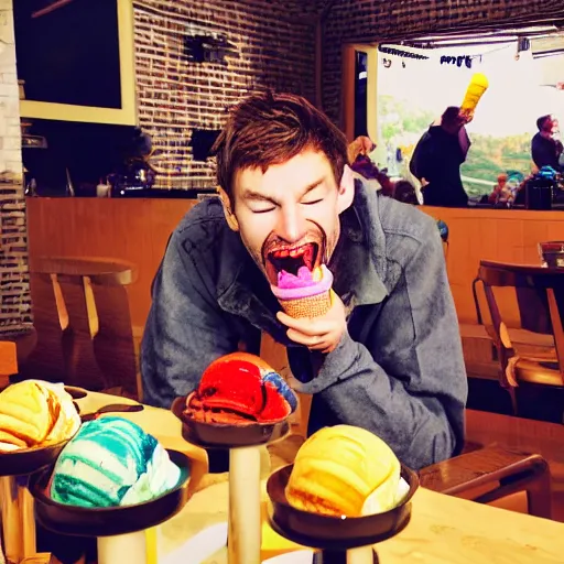 Prompt: thom york excitedly eating several colorful ice cream cones