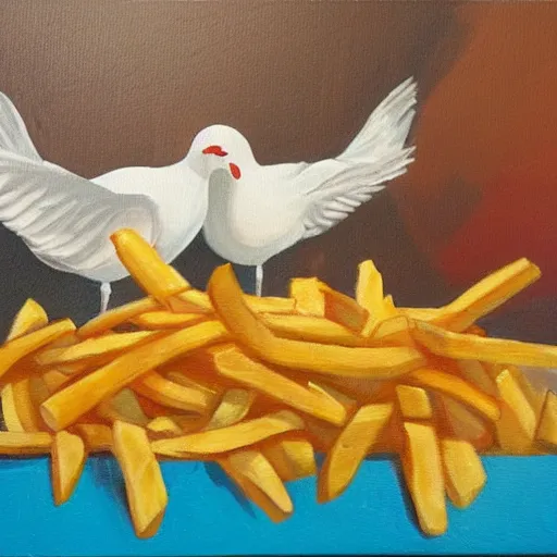 Prompt: seagulls eating french fries in a restaurant painting