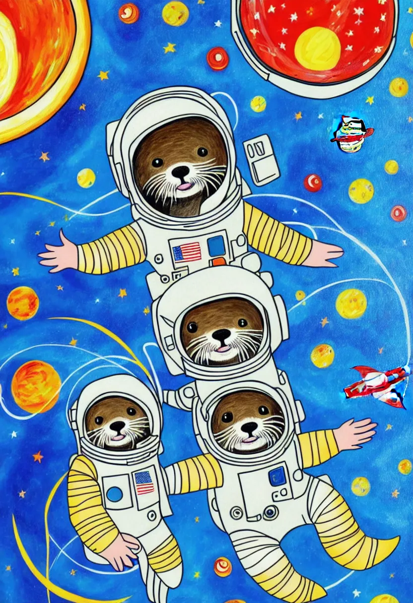 Image similar to children's storybook, detailed guache painting, semi-realistic portrait of an otter in an astronaut space suit floating in outer space.