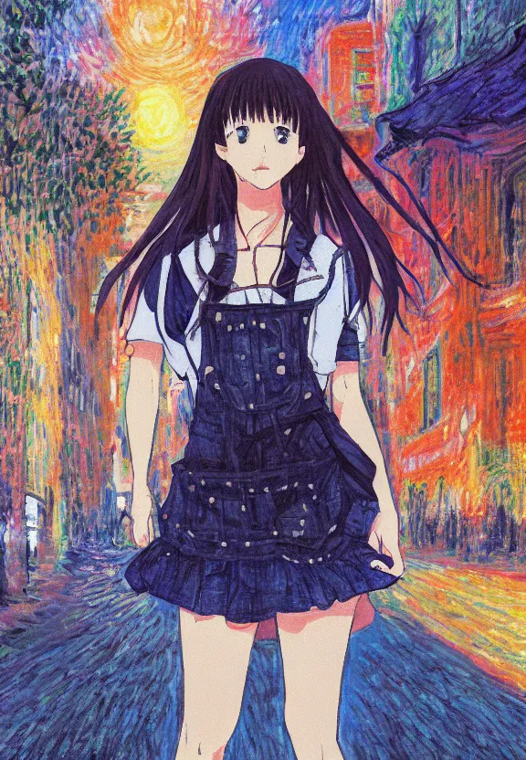 Image similar to wide angle portrait of a teenage girl, a thrifty outfit, very anime in impressionist style, city street view background, starlit night sky, trending artwork, illustrated in anime painter studio, by claude monet