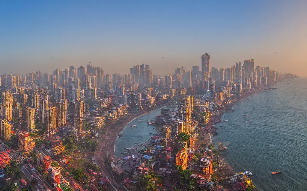 Prompt: mumbai, india in the year 2 0 7 0, street view, coastline, golden hour