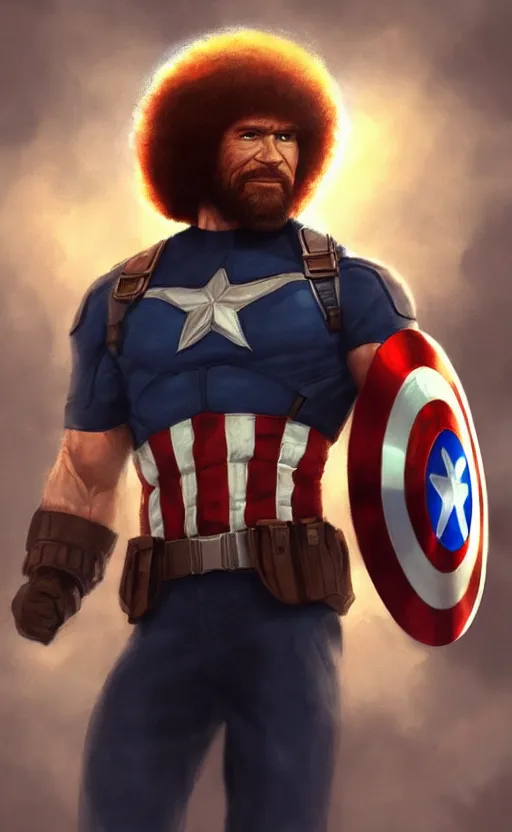 Image similar to bob ross as captain america, dynamic lighting, cinematic, ultra detailed, trending on art station, stunning visuals, creative, fantasy concept art