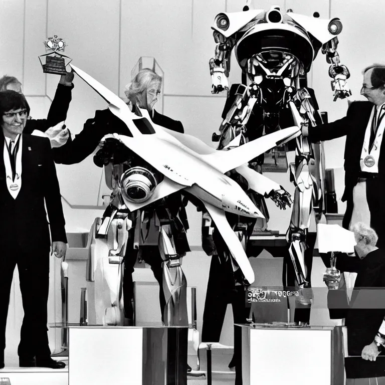 Image similar to a transforming mecha-concorde is presented with the medal d'honneur,Paris 1982