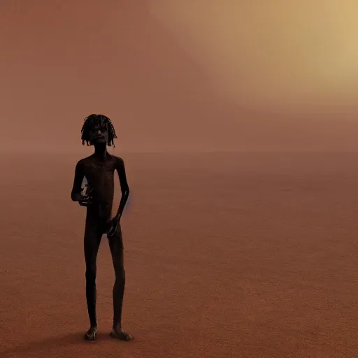 Prompt: a slave servant boy lost in a desolate desert with a sandstorm approaching, cinematic, realistic, concept art